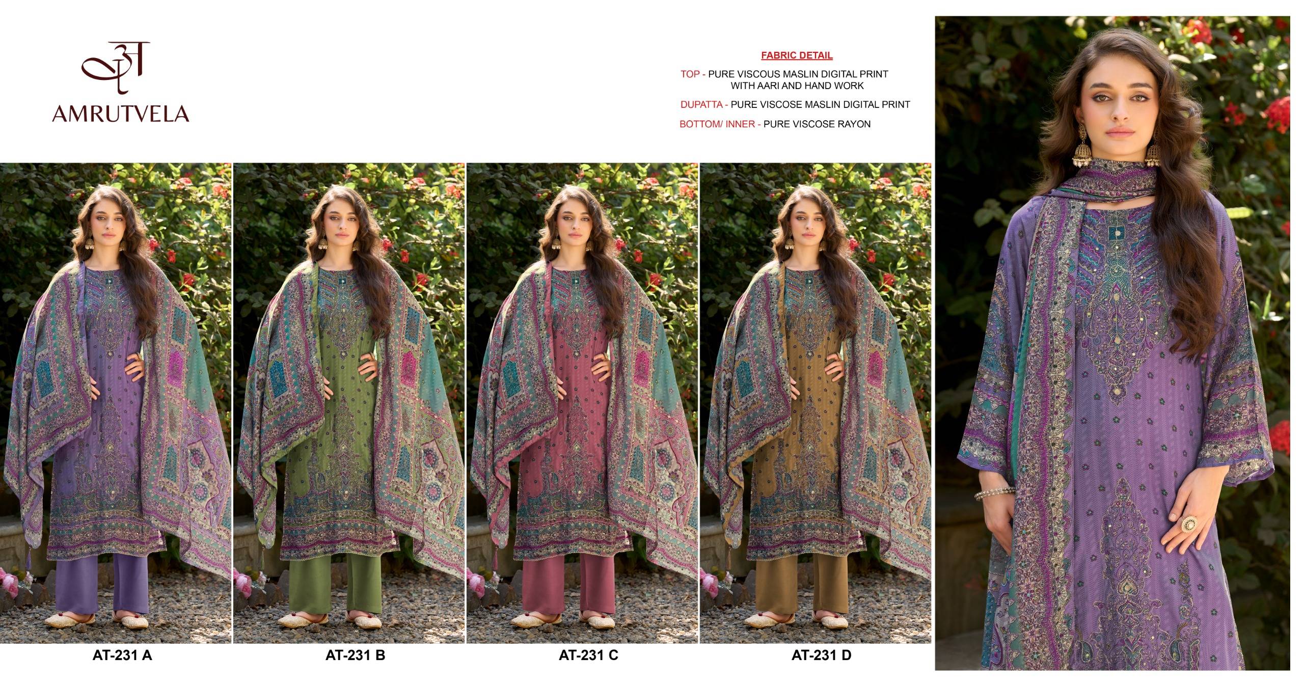AT231 by AMRUTVELA AT-231A to AT-231D Series Indian Traditional casual wear Pakistani Pure viscous dresses At Wholesale Price